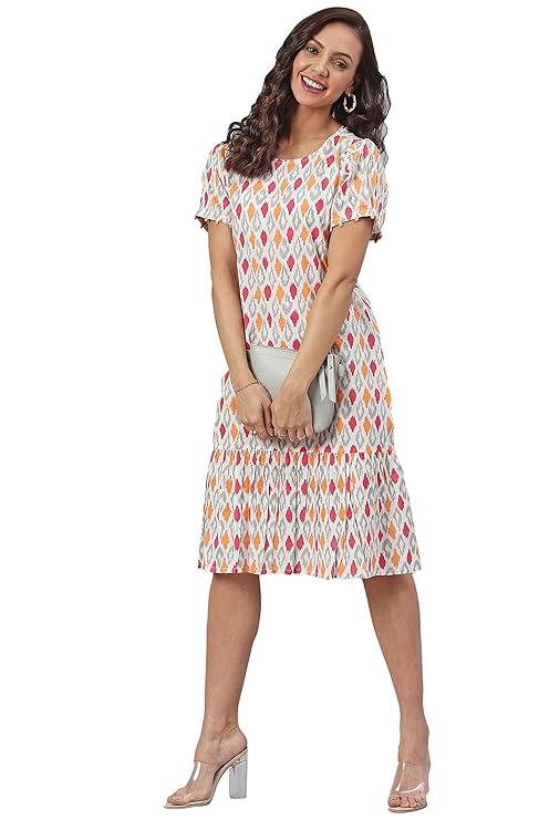 Women's Cotton Printed A-Line Western Knee-Length Dress(Light Pink)
