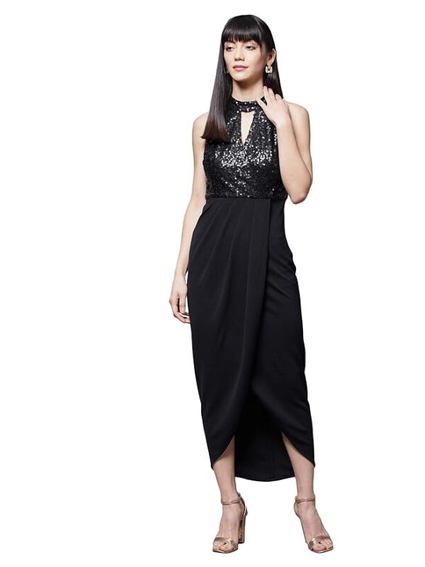 Women's Wine Halter Neck Sleeveless Solid Embellished Midi Dress(Black)