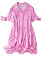 Striped Shirt Style Mini Dress for Women | Collared Casual A-Line | Tunic with Tie Sleeves & Front Buttons (PINK)