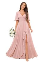 Women's Off The Shoulder Pleated Chiffon Bridesmaid Dresses Long Slit Formal Evening Party Gown