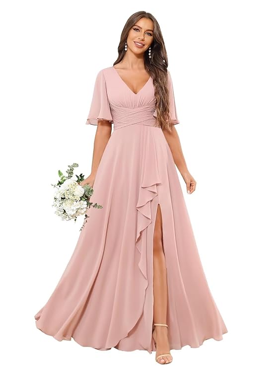 Women's Off The Shoulder Pleated Chiffon Bridesmaid Dresses Long Slit Formal Evening Party Gown