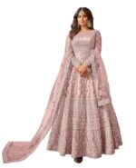 Women's Net Semi Stitched Gown Top With Satin Silk Fabric Bottom & Net Dupatta Embroidered Anarkali Dress(Purple)