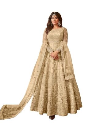 Women's Net Semi Stitched Gown Top With Satin Silk Fabric Bottom & Net Dupatta Embroidered Anarkali Dress(Beige)