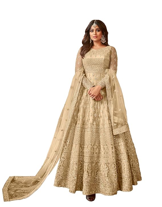 Women's Net Semi Stitched Gown Top With Satin Silk Fabric Bottom & Net Dupatta Embroidered Anarkali Dress（Beige）