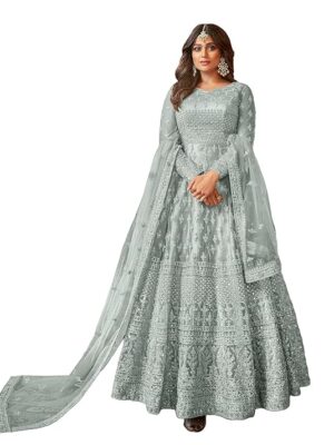 Women's Net Semi Stitched Gown Top With Satin Silk Fabric Bottom & Net Dupatta Embroidered Anarkali Dress(Grey)