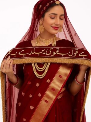 Maroon Bridal Dupatta for Women | "Kubul Hai" Embroidered Net Dupatta with Golden Lace Border | Shaadi Nikah Chunni | Heavy Wedding Veil (2.25m)