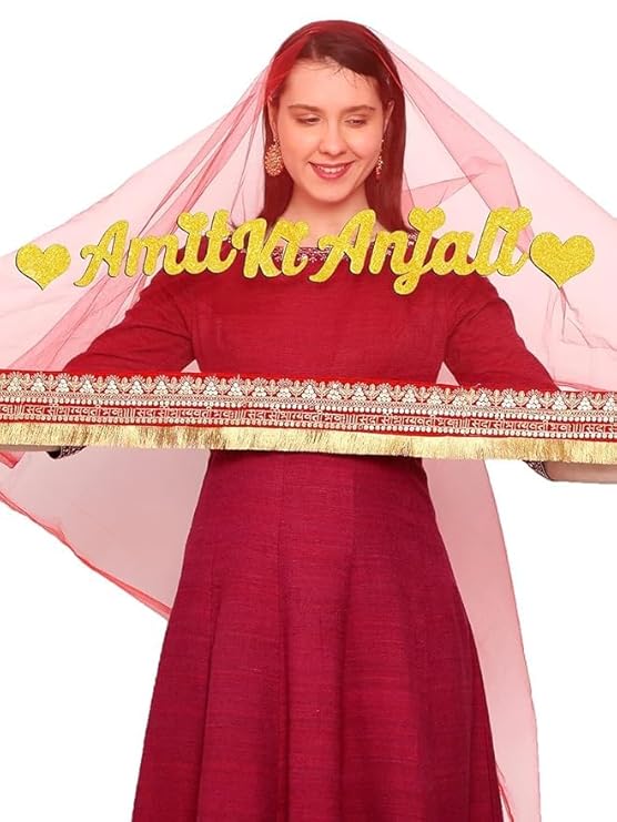 Net Embroidered Bride Entry Dupatta With Groom Name| Dulhan Chunari | 2.5 And 4 Meters (Free Size, Red)