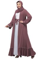 Dual Layer Abaya Dress Of Inner Abaya And Detachable Shrug With Piping And Frill Work(Puce Pink )