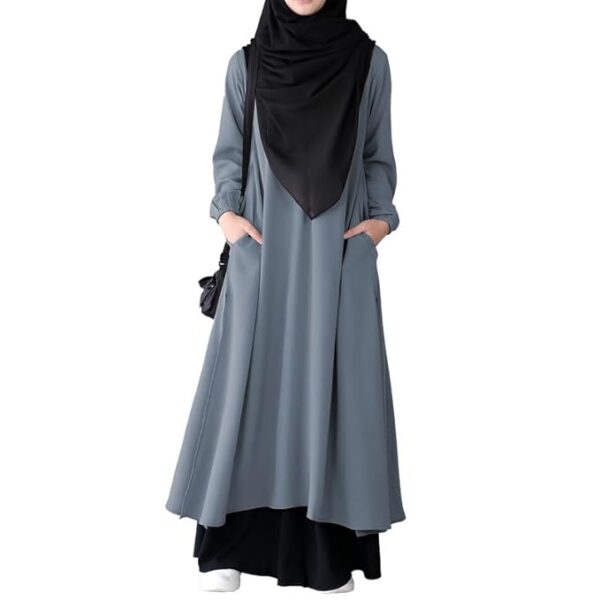 Two Pieces Abaya Dress with Elasticated Sleeves made with Nida Matte Fabric - Knee length Burqa for Women and Girls(Grey)