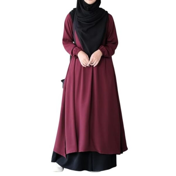 Two Pieces Abaya Dress with Elasticated Sleeves made with Nida Matte Fabric - Knee length Burqa for Women and Girls(Maroon)