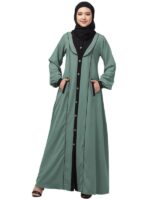 Front Open Abaya With Beautiful Piping Work And Front Pockets- Made with Nida Matte Fabric for Women and Girls(Aqua Black)