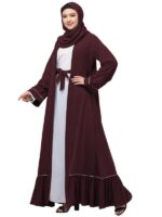 Dual Layer Abaya Dress Of Inner Abaya And Detachable Shrug With Piping And Frill Work(Burgundy)