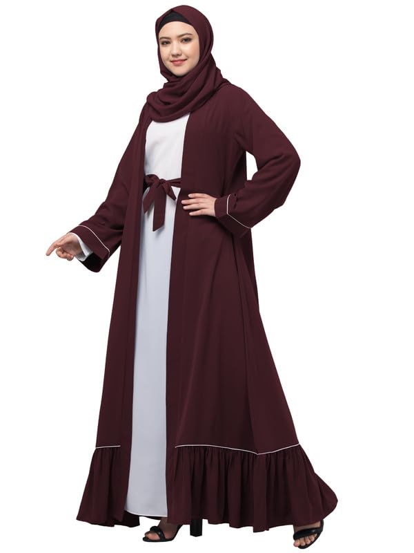 Dual Layer Abaya Dress Of Inner Abaya And Detachable Shrug With Piping And Frill Work(Burgundy)