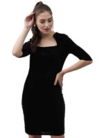One Piece Party Dress for Women Bodycon | Half Sleeves Shiny Velvet Stylish Outfit(Black)