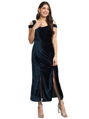 Bodycon Party Dress for Women with Double Slit Cut | Shiny Velvet Fabric Cold Shoulder Stylish Outfit(Peacock Blue)
