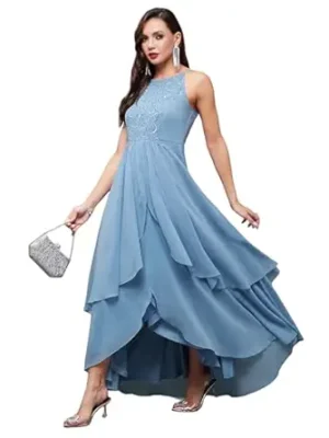 Women's Off White Round Neck Sleeveless Solid Embellished Maxi Dress(Powder Blue)