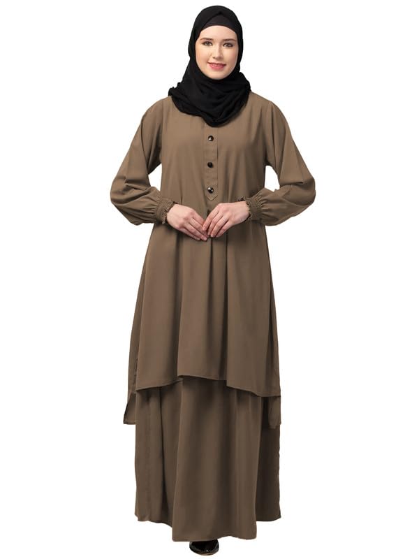 Two Pieces Abaya Dress with Elasticated Sleeves made with Nida Matte Fabric - Knee length Burqa (Beige)