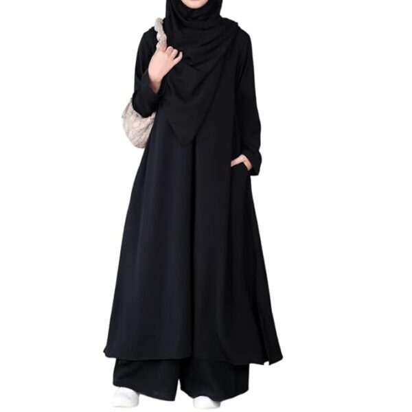 Two Pieces Abaya Dress with Zip On Front made with Nida Matte Fabric - Knee length Burqa for Women and Girls(Black)