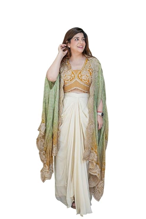 Premium Chinnon Silk Fabric With Cording & Wedding Bollywood Party Girls Wear Dhoti Indo Western(Mustard)