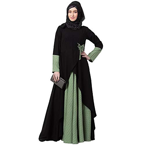 Polka Dotted Asymmetrical Long Maxi Abaya Dress for Women Made in Nida & Crepe Fabric with Long Sleeves(Green and Black)