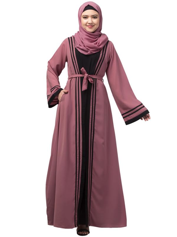Dual Layer Abaya Dress With Attached Shrug And Striped Design - Made With Nida Matte Fabric