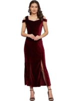 Bodycon Party Dress for Women with Double Slit Cut | Shiny Velvet Fabric Cold Shoulder Stylish Outfit( Maroon)