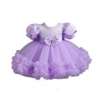 Net Embroidery Work Ruffle Patterned Flared Short Sleeve Girl Frock( Purple)