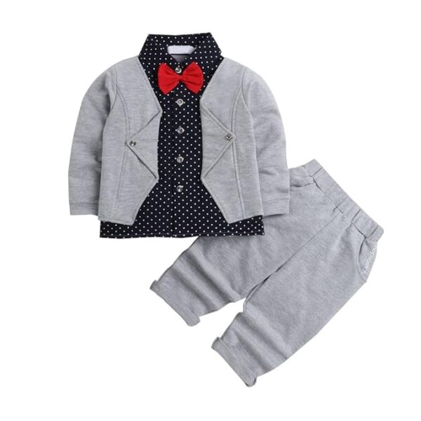 Boys Full Sleeves Navy 3-Pc Bow Applique Polka Dot Formal Set