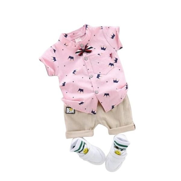 Kid Boy's Hosiery Cotton Blend Printed Cord Set with Mandarin Collar Short Sleeve Shirt and Side Pocket Elastic Waistband Closure Short Pant with Tie