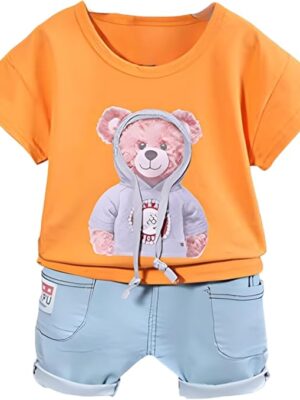 Boy's Cotton Teddy Printed T-Shirt With Shorts In Orange Color