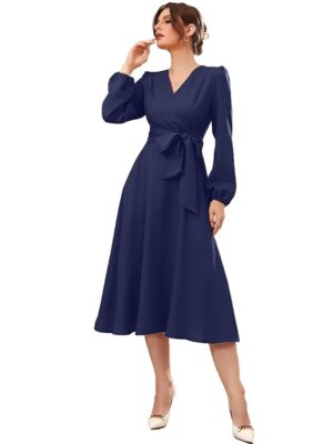 Women's Polyester A-line V-Neck Bishop Sleeve Midi Belted Dress(Blue)
