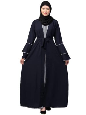 Dual Layer Abaya Dress with attached Shrug and Striped Inner Made with Nida Matte and Crepe Fabric (Navy Blue)