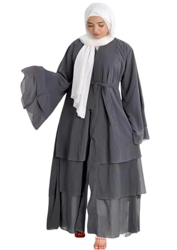 Grey Triple Layer Chiffon Front Open Abaya Muslim Dresses For Women Abaya With Hijab