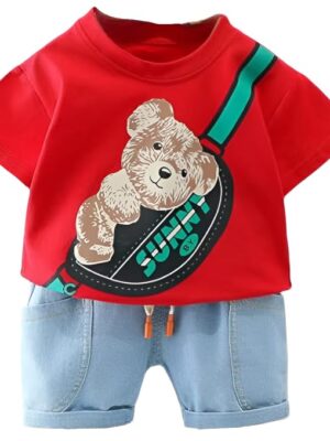Boy's Cotton Printed T-shirt with Denim Shorts Set in Red Color