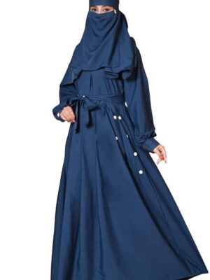 Women's Elegant Abaya Set with Button Details, Full Length Islamic Dress, Long Sleeve Maxi Dress with Niqab, Traditional Muslim Prayer Wear(Blue)