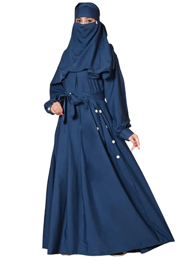 Women's Elegant Abaya Set with Button Details, Full Length Islamic Dress, Long Sleeve Maxi Dress with Niqab, Traditional Muslim Prayer Wear(Blue)