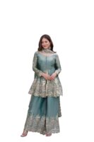 Women's Satin Silk Plazoo Set with Dupatta | Embroidered Short Kurti with Half Sleeves | Party, Ethnic Dress for Wedding