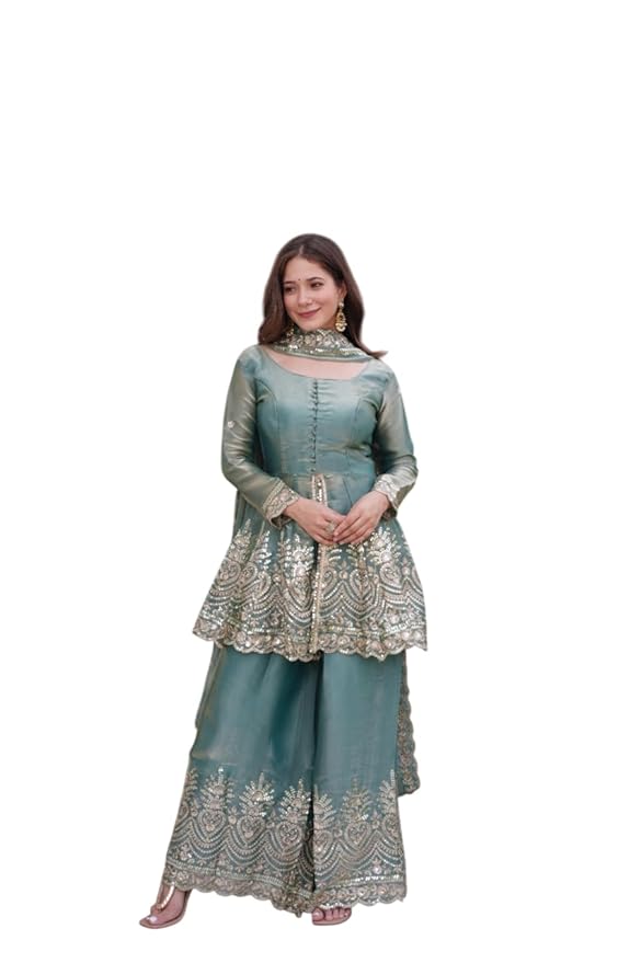 Women's Satin Silk Plazoo Set with Dupatta | Embroidered Short Kurti with Half Sleeves | Party, Ethnic Dress for Wedding