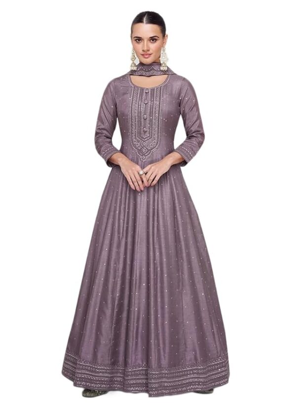 Women's Purple Chiffon Stitched Top with Chiffon Dupatta Full Sleeve Embroidered Anarkali Gown