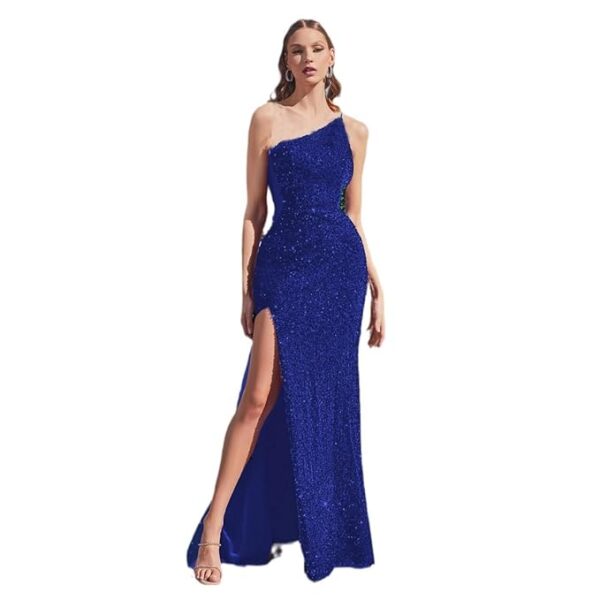 Sexy Blue Sequin Long Sleeveless Prom Side Split Slim One-Shoulder Gown Cocktail Party Dress for Women