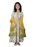 Girls Cotton Floral Printed Gotta Work 3/4 Sleeves Flared Design Kurti & Sharara Set(Yellow)