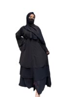 Black Triple Layer Chiffon Front Open Abaya Muslim Dresses For Women Abaya With Hijab