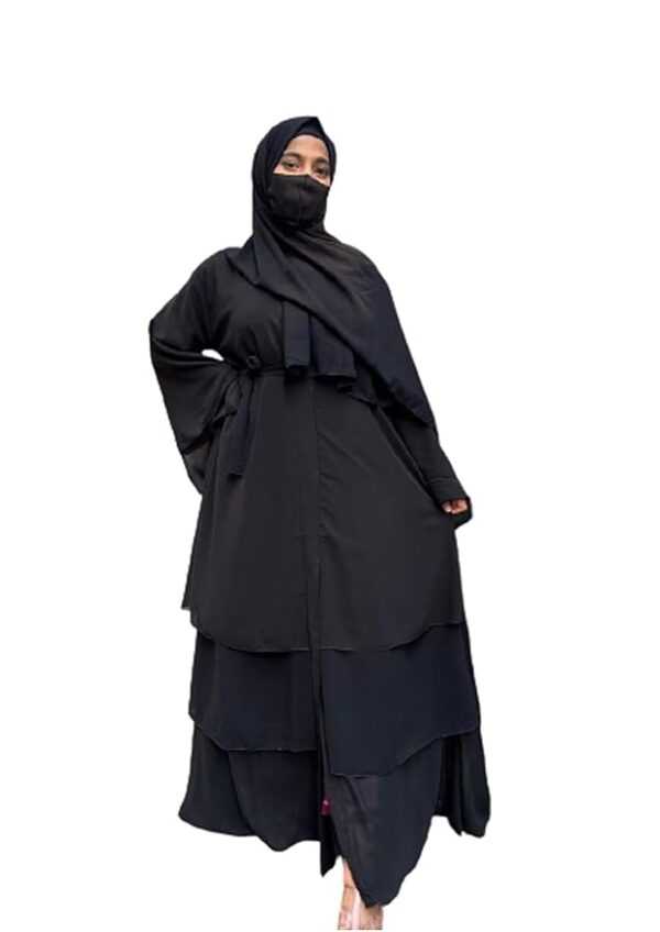Black Triple Layer Chiffon Front Open Abaya Muslim Dresses For Women Abaya With Hijab