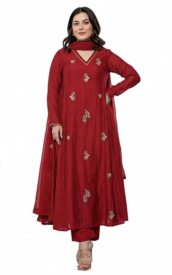 Women Embroidery Solid Anarkali Kurta and Pant Set with Dupatta(Red)