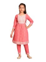 Girls Ethnic Wear Peach Colour Thread Embroidery Kurti Pant Set