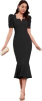 Women's Lycra Blend Sweetheart Neckline/V-Neck, Bodycon Dress with Short Puff Sleeve(Black)