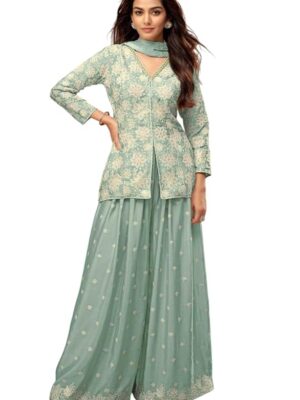 Women Blue Color Art Silk Readymade Short Top With Palazzo