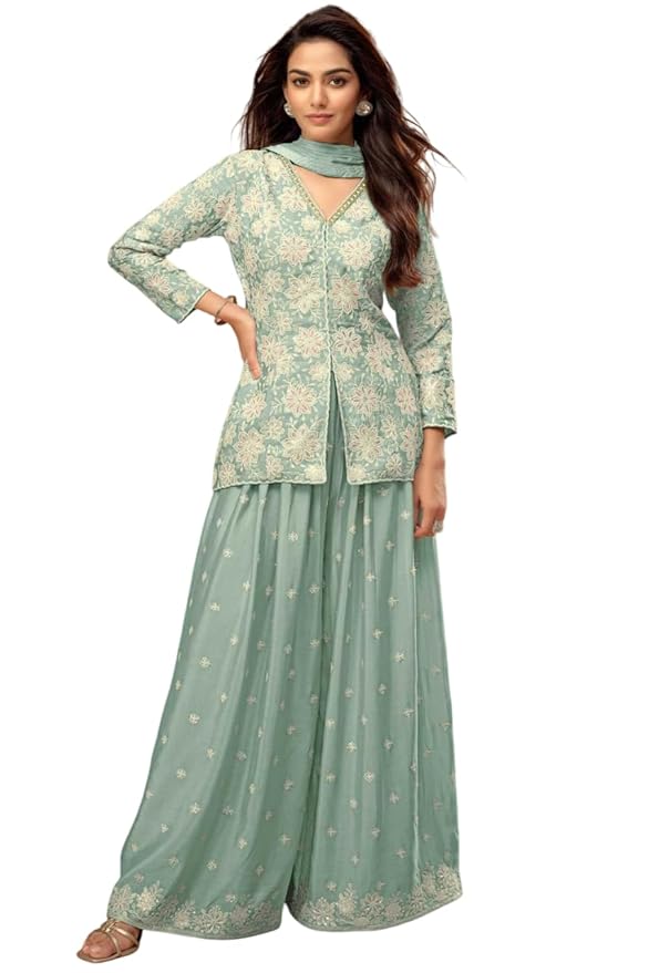 Women Blue Color Art Silk Readymade Short Top With Palazzo