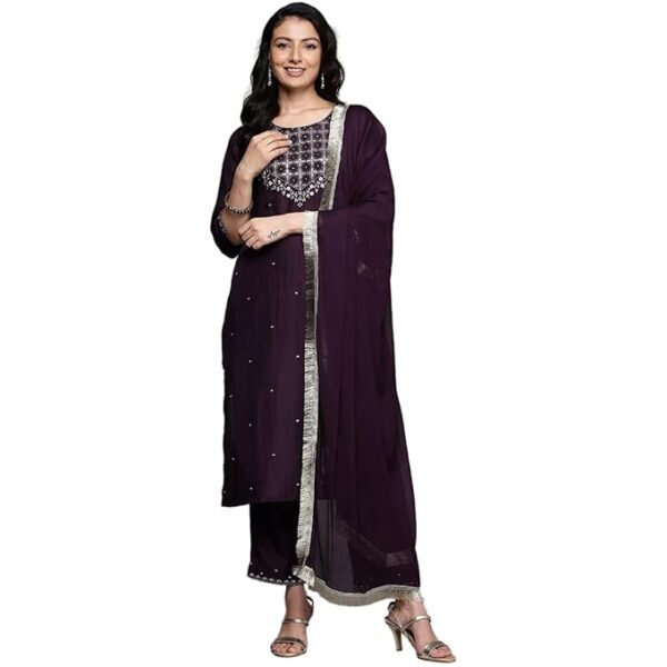 Women's Silk Blend Embroidered Salwar Suit Set | Straight Length Kurta and Elastic Waistband Closure Solid Pant with Dupatta(Wine)