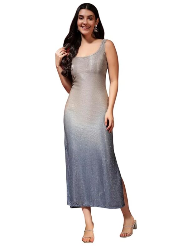 Bodycon Sleeveless Party Dress for Women | Shimmer Glitter Fabric Midi Silver Navy Ombre Outfit